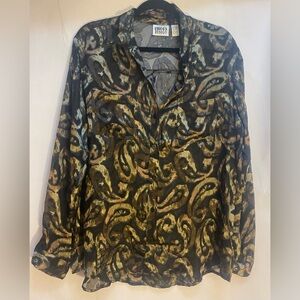 Chico's Design Women’s Black Gold Paisley Sheer Silk Blend Button Up Sz 2/Large